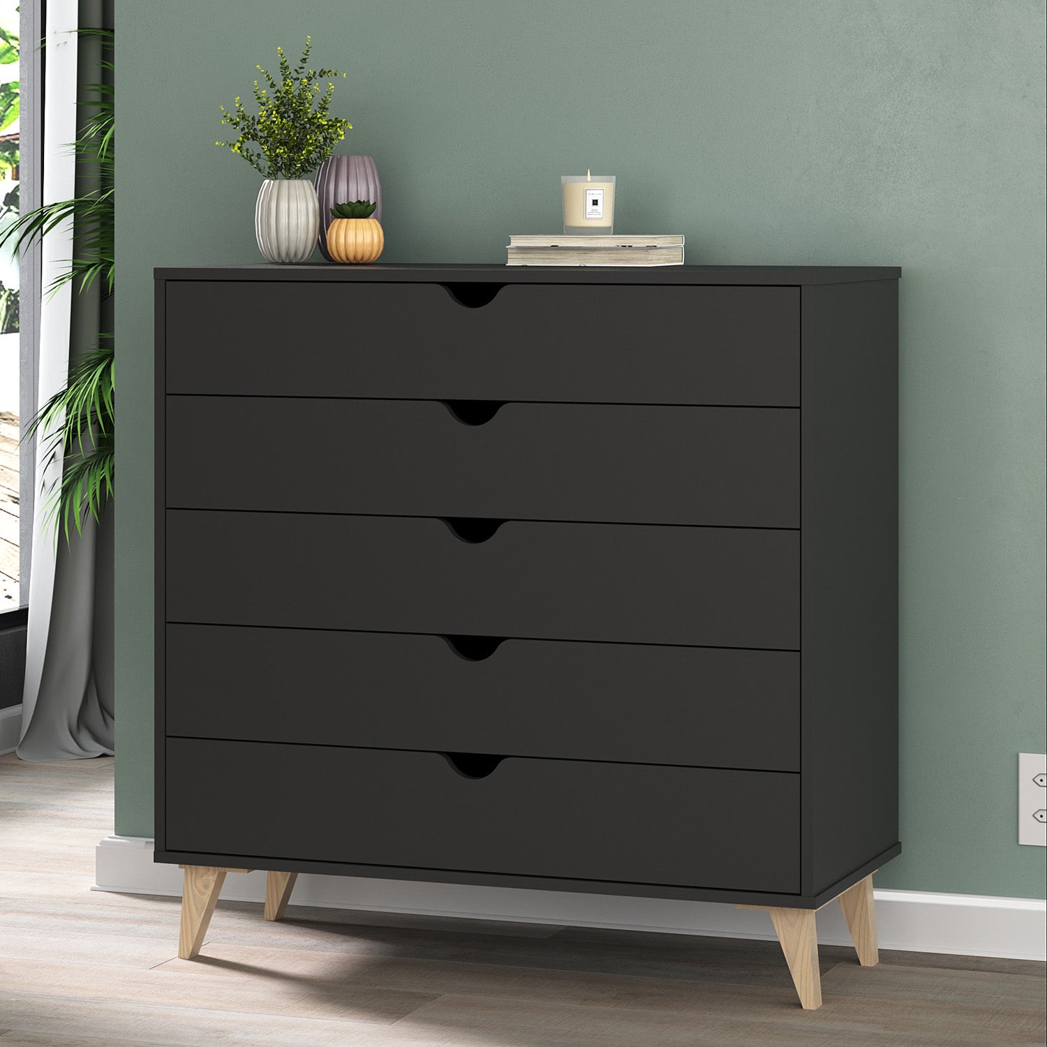 36" Black And Natural Wood Five Drawer Dresser-6