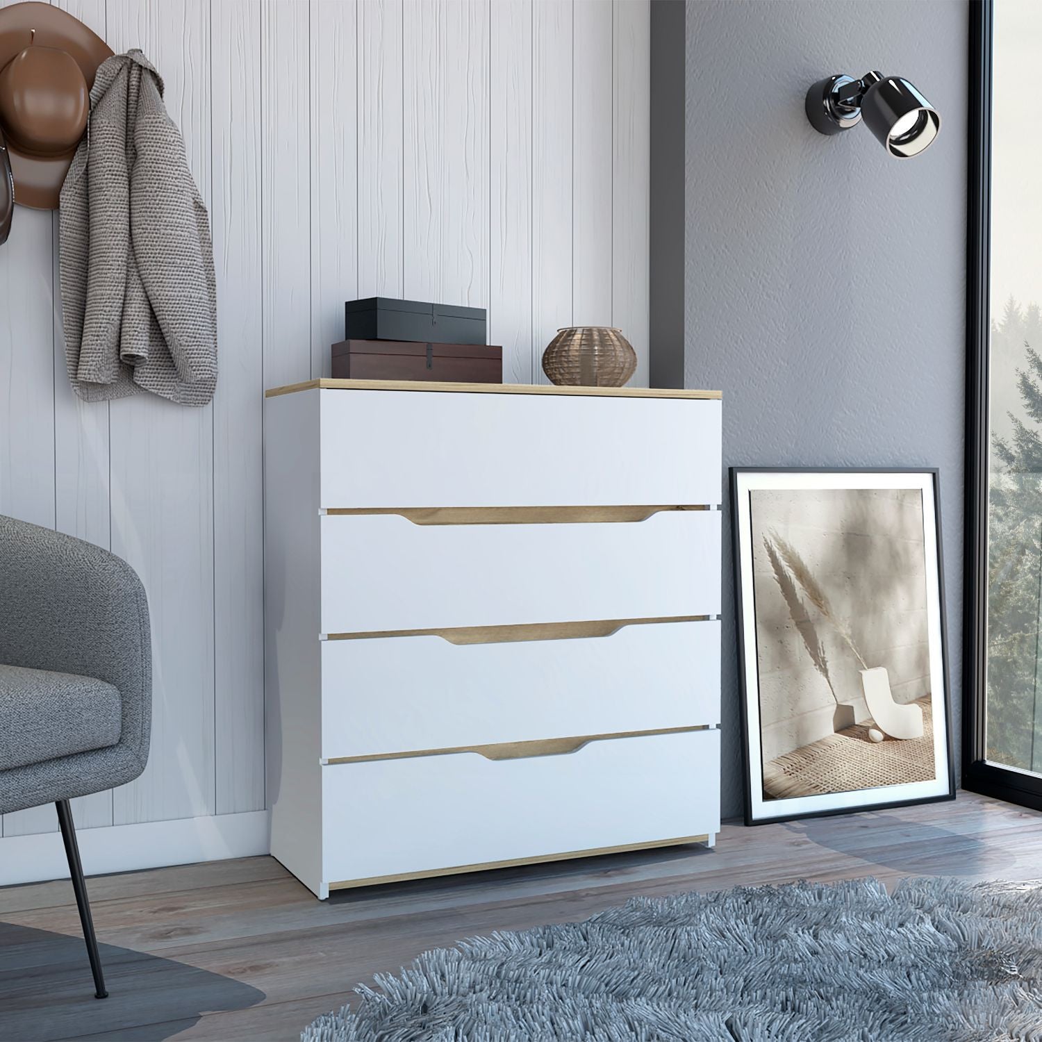 32" White and Natural Four Drawer Dresser-4