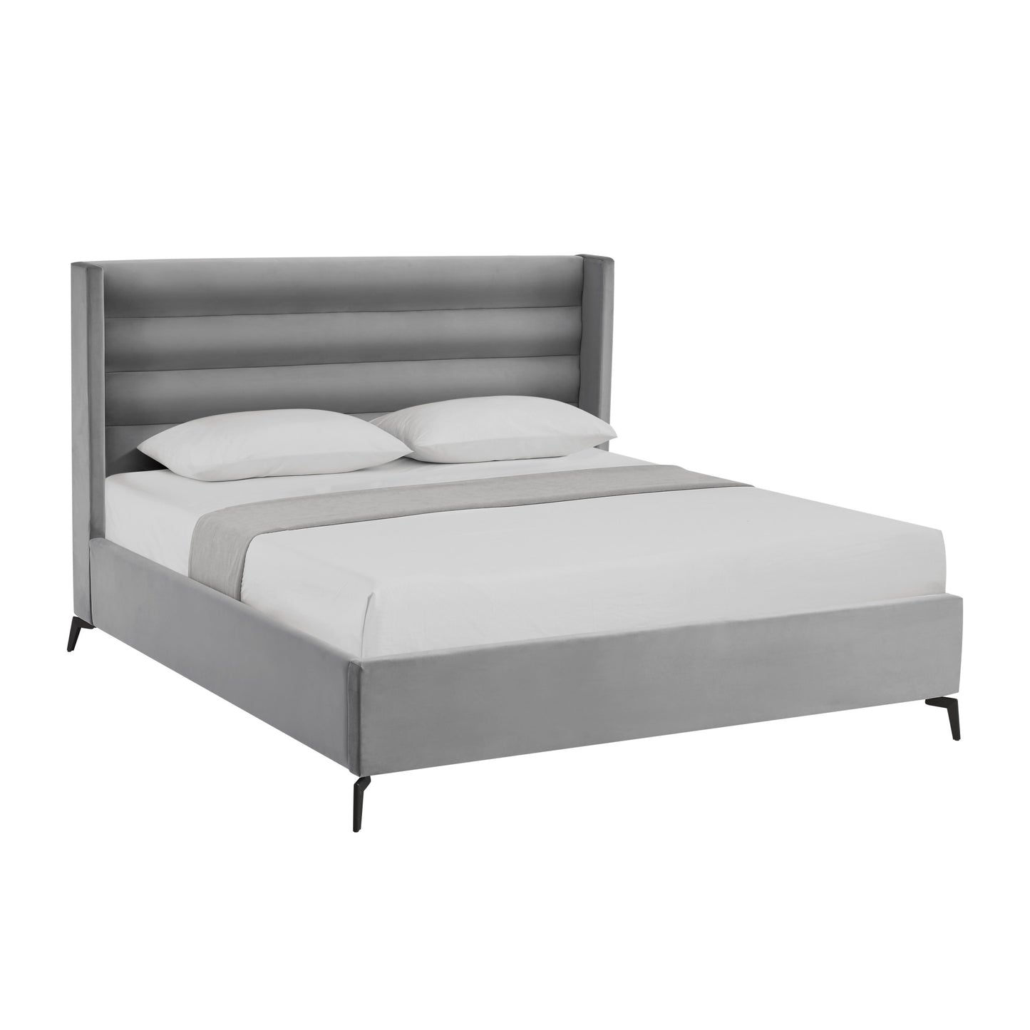 Light Gray Velvet Upholstered King Bed Frame-1