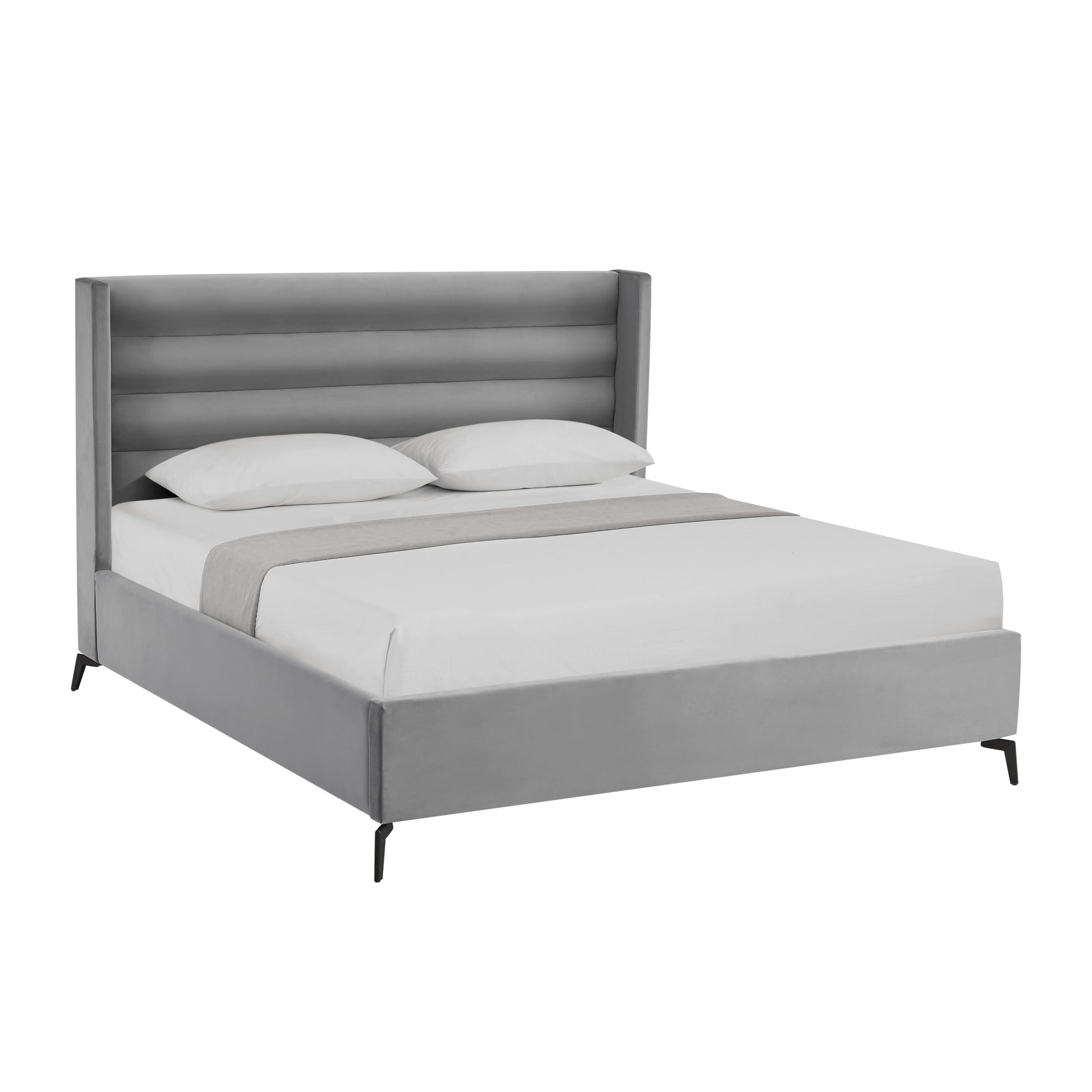 Light Gray Velvet Upholstered King Bed Frame-1