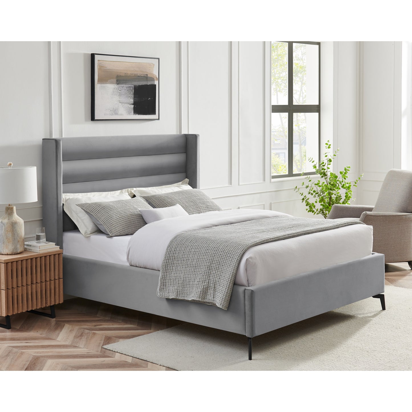 Light Gray Velvet Upholstered King Bed Frame-8
