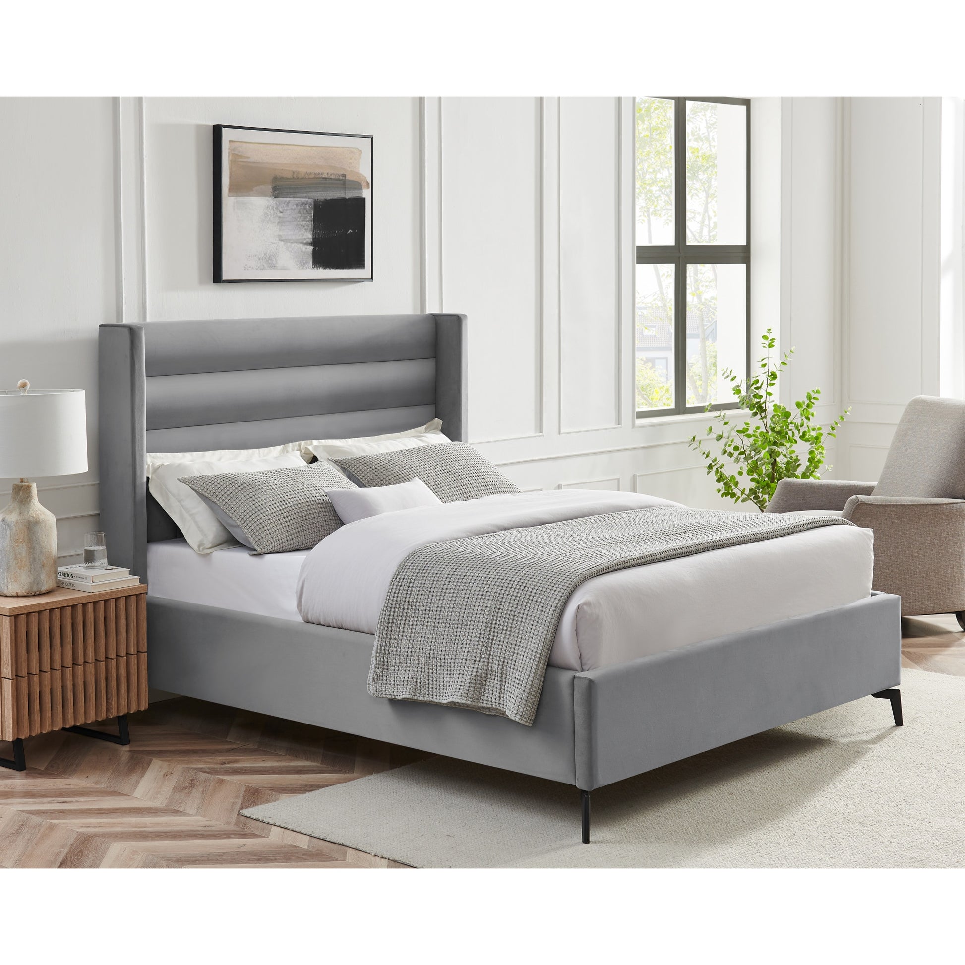 Light Gray Velvet Upholstered King Bed Frame-8