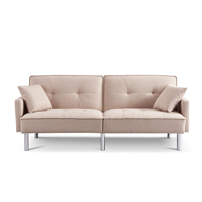 85" Beige Polyester Blend Convertible Futon Sleeper Sofa And Toss Pillows With Silver Legs-1
