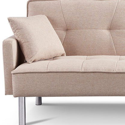 85" Beige Polyester Blend Convertible Futon Sleeper Sofa And Toss Pillows With Silver Legs-3