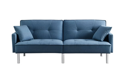 85" Blue Polyester Blend Convertible Futon Sleeper Sofa And Toss Pillows With Silver Legs-1