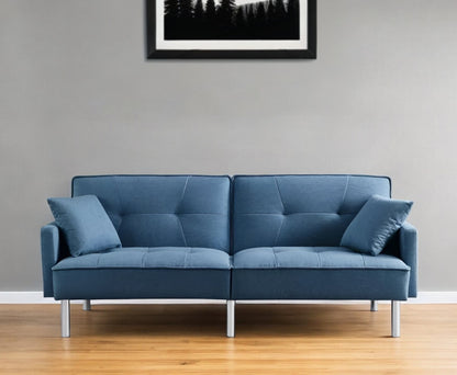 85" Blue Polyester Blend Convertible Futon Sleeper Sofa And Toss Pillows With Silver Legs-0