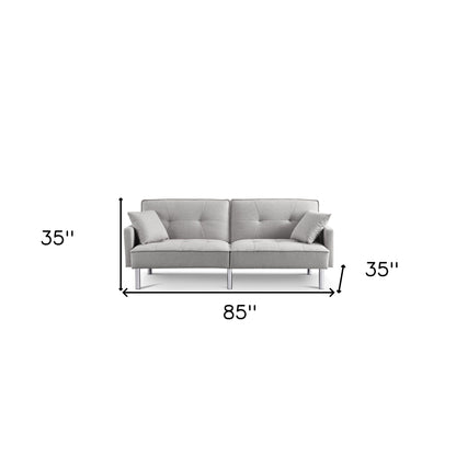 85" Light Gray Polyester Blend Convertible Futon Sleeper Sofa And Toss Pillows With Silver Legs-3