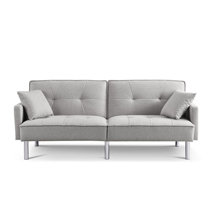 85" Light Gray Polyester Blend Convertible Futon Sleeper Sofa And Toss Pillows With Silver Legs-1