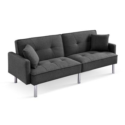 85" Dark Gray Polyester Blend Convertible Futon Sleeper Sofa And Toss Pillows With Silver Legs-2