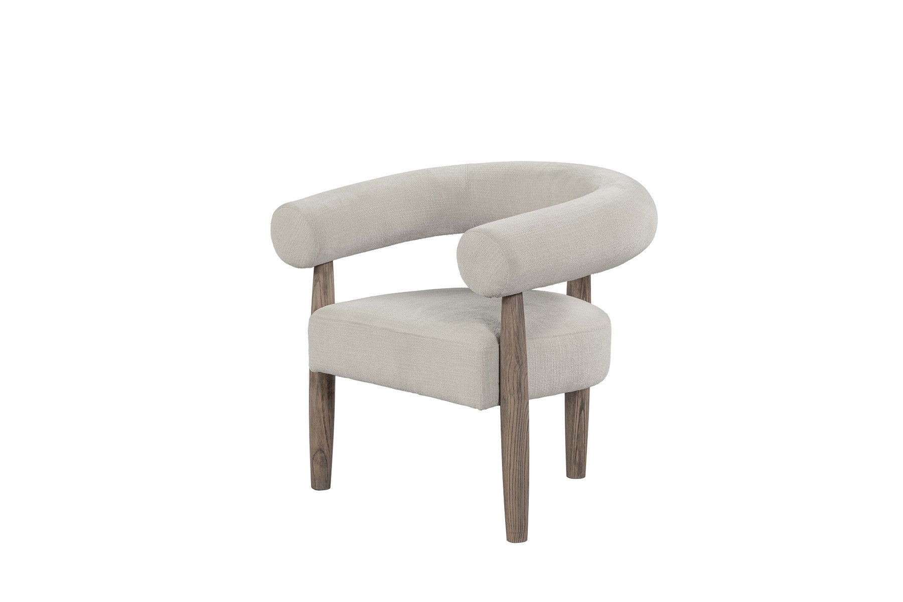 29" Cream and Light Brown Fabric And Wood Curved Arm Chair-1
