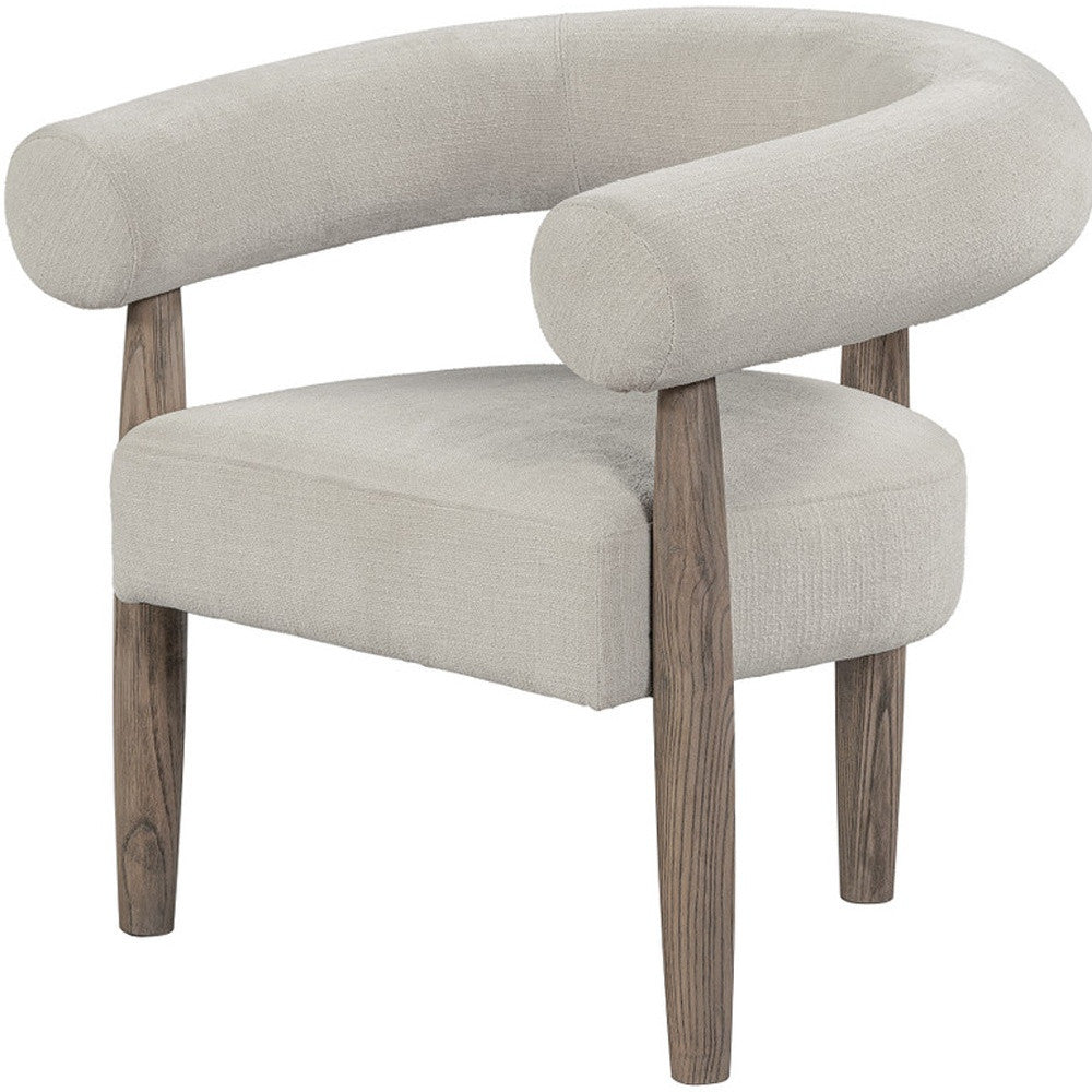 29" Cream and Light Brown Fabric And Wood Curved Arm Chair-4