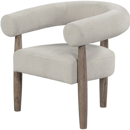 29" Cream and Light Brown Fabric And Wood Curved Arm Chair-4