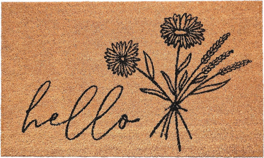 24" X 36" Natural and Black Coir Floral Hello Outdoor Door Mat-1