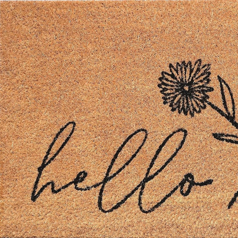 24" X 36" Natural and Black Coir Floral Hello Outdoor Door Mat-2