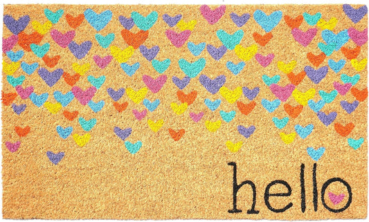 17" X 29" Natural Blue and Yellow Coir Heart Outdoor Valentine's Day Door Mat-1