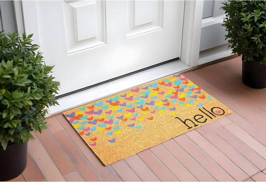 17" X 29" Natural Blue and Yellow Coir Heart Outdoor Valentine's Day Door Mat-0