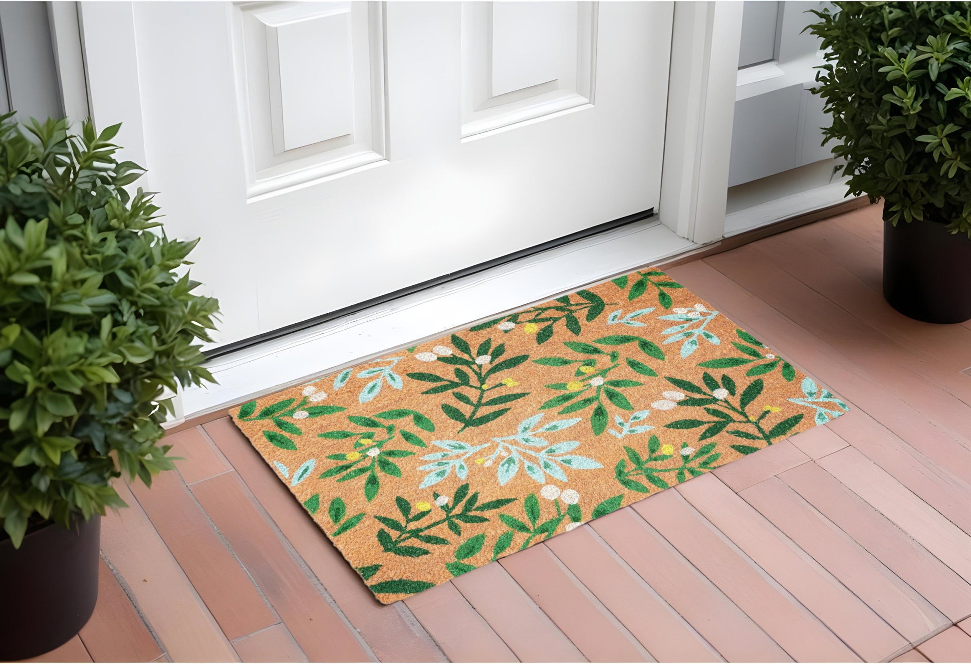 17" X 29" Natural and Green Coir Botanical Leaves Outdoor Door Mat-0