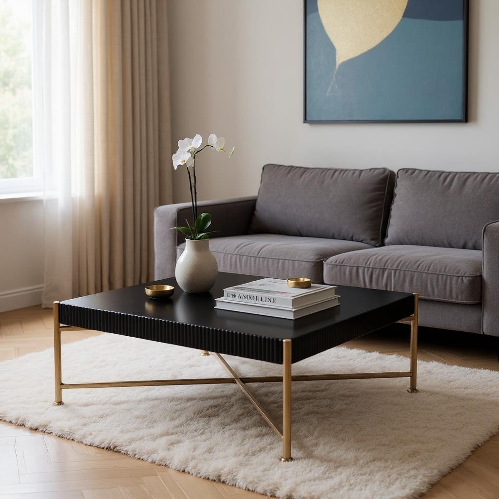 42" Black and Gold Solid Wood and Steel Square Coffee Table-0