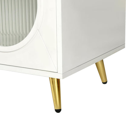 60" White Ribbed Texture Wood And Glass Sideboard with Four Doors-6