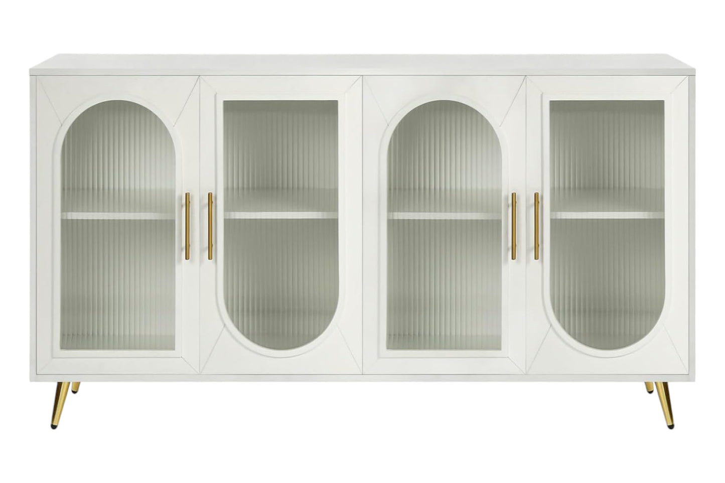 60" White Ribbed Texture Wood And Glass Sideboard with Four Doors-1