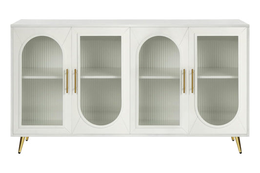 60" White Ribbed Texture Wood And Glass Sideboard with Four Doors-1