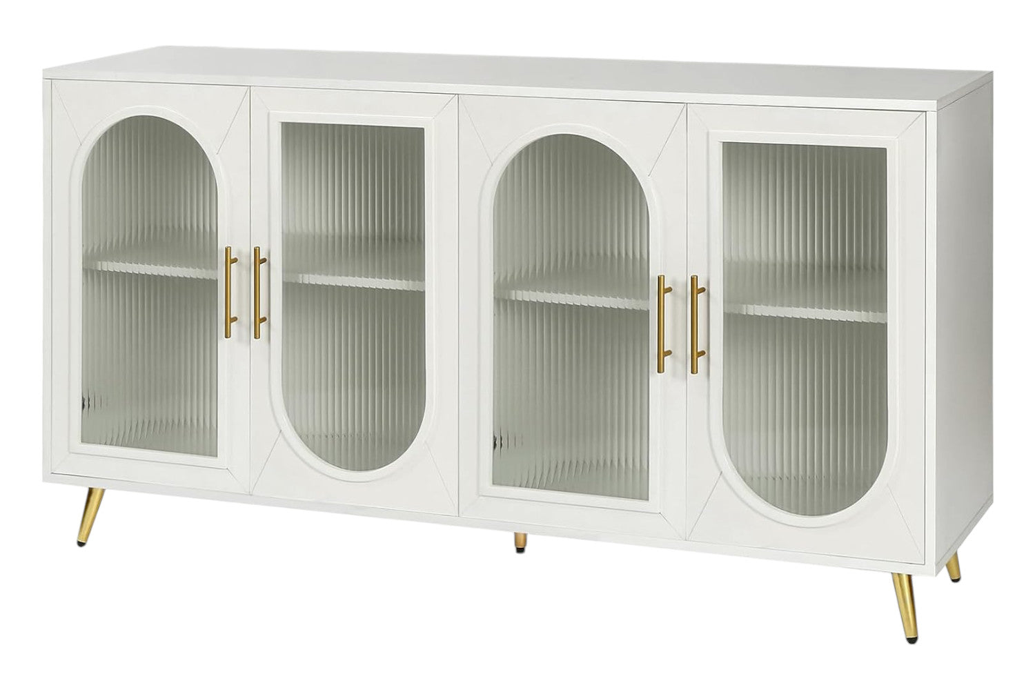 60" White Ribbed Texture Wood And Glass Sideboard with Four Doors-4