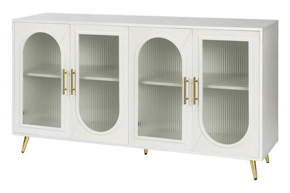 60" White Ribbed Texture Wood And Glass Sideboard with Four Doors-4