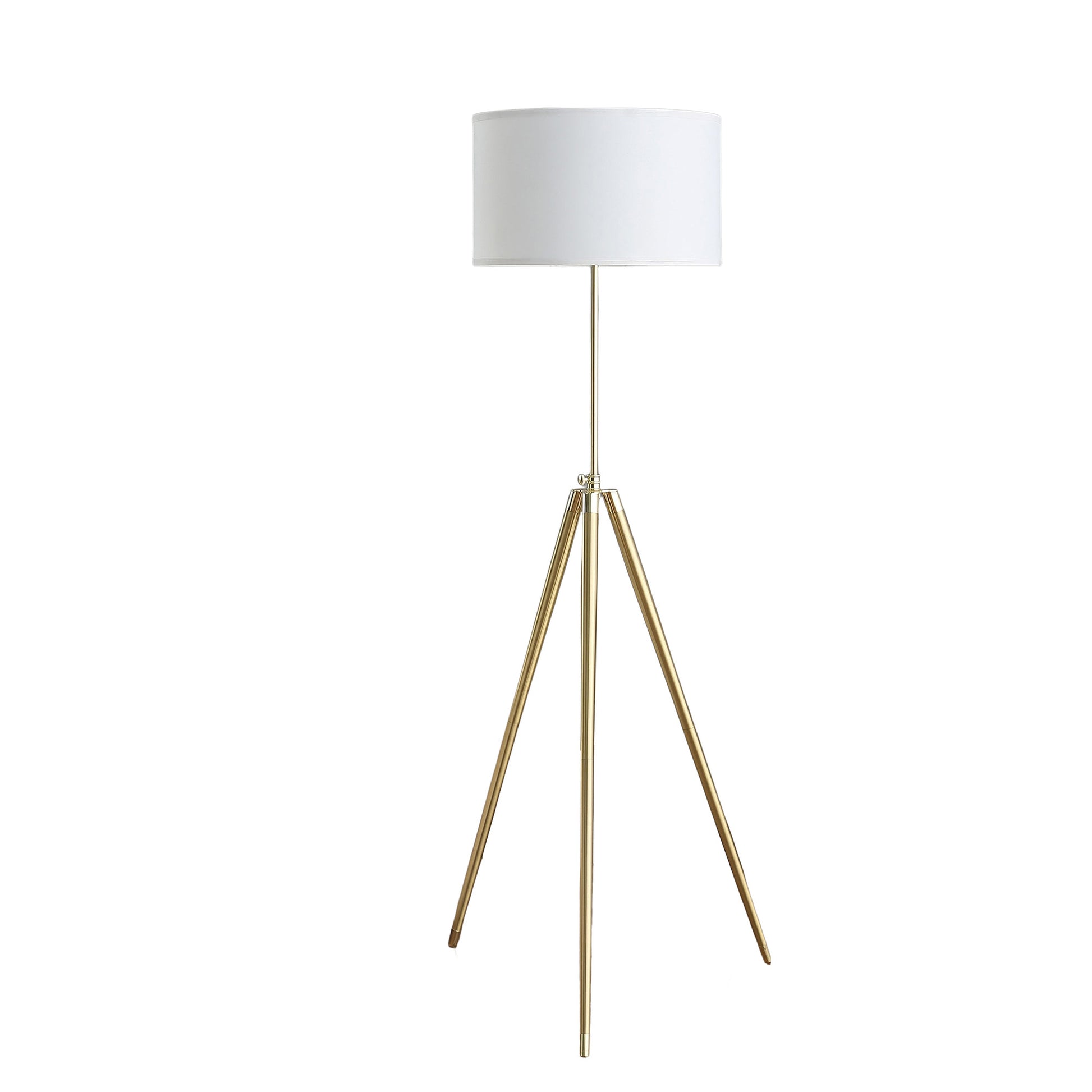 Gold Metal Adjustable Tripod Floor Lamp With White Linen Drum Shade-2