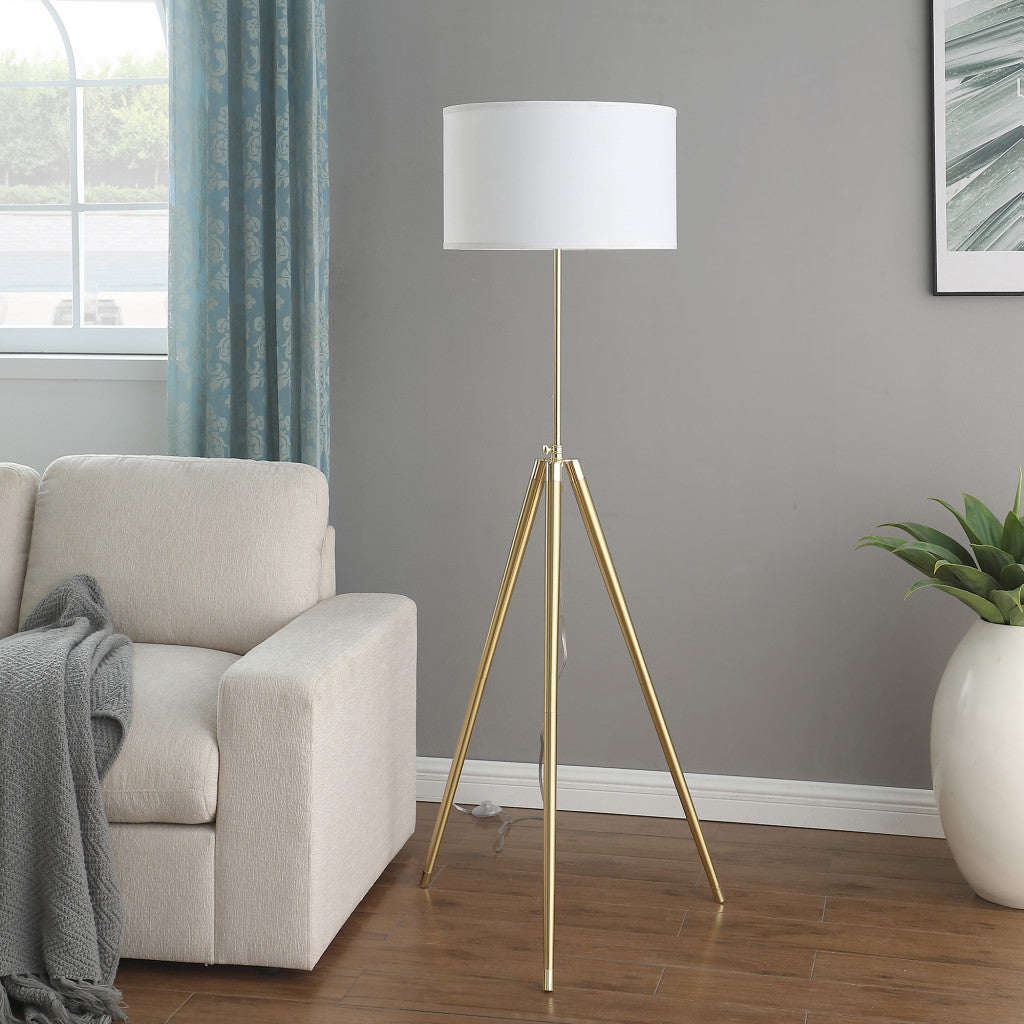 Gold Metal Adjustable Tripod Floor Lamp With White Linen Drum Shade-8