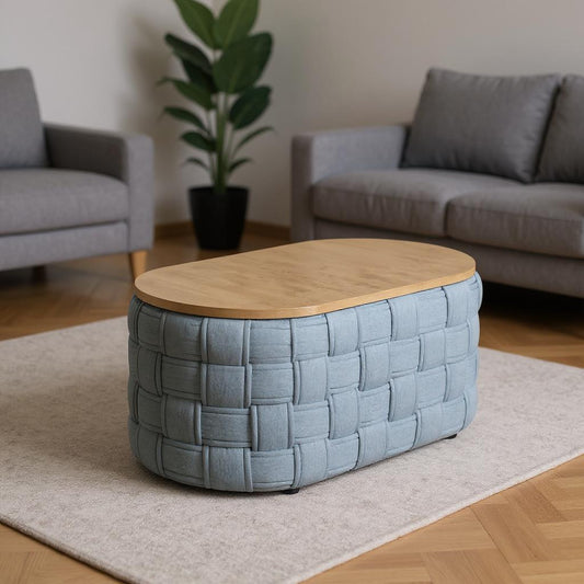 41" Natural and Blue Wood And Woven Fabric Oval Coffee Table-0