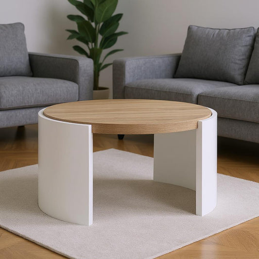33" Oak and White Wood Round Partial Frame Coffee Table-0