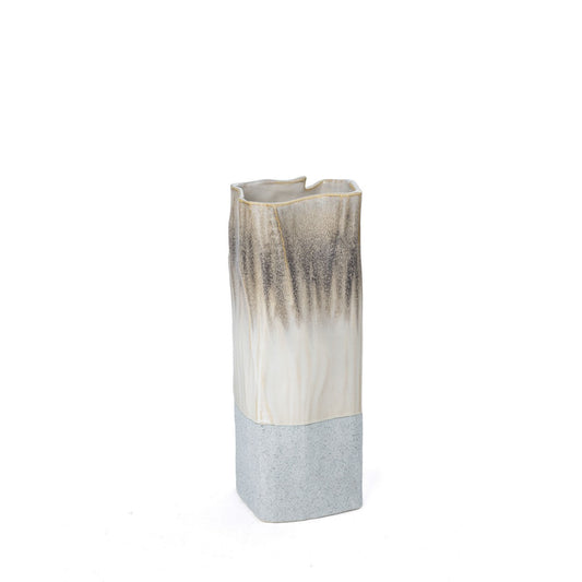 12" Brown Light Blue And Off White Color Block Square Ceramic Table Vase-1