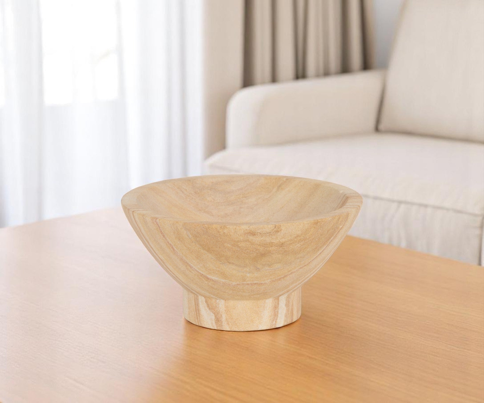 8" Beige Sandstone Round Pedestal Centerpiece Bowl-0