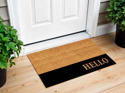 24" X 36" Natural And Black Color Block Hello Outdoor Coir Door Mat-0