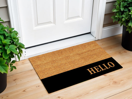 24" X 36" Natural And Black Color Block Hello Outdoor Coir Door Mat-0