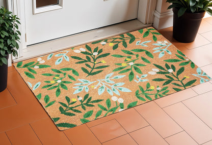 24" X 36" Natural And Green Botanical Leaves Outdoor Coir Door Mat-0