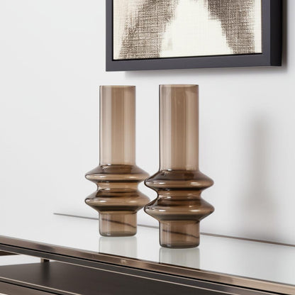 Set of Two Translucent Taupe Glass Cylinder Table Vases-0