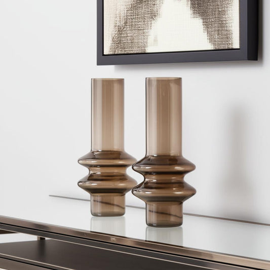 Set of Two Translucent Taupe Glass Cylinder Table Vases-0