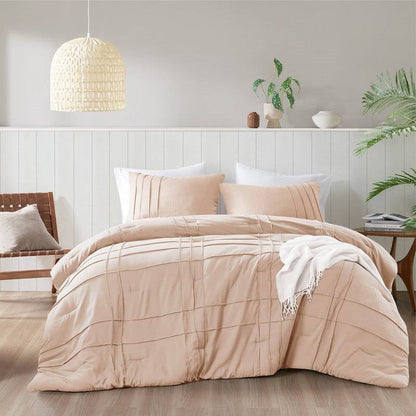 Queen size Microfiber Pleated Soft Washed Comforter Set in Pink Blush-0