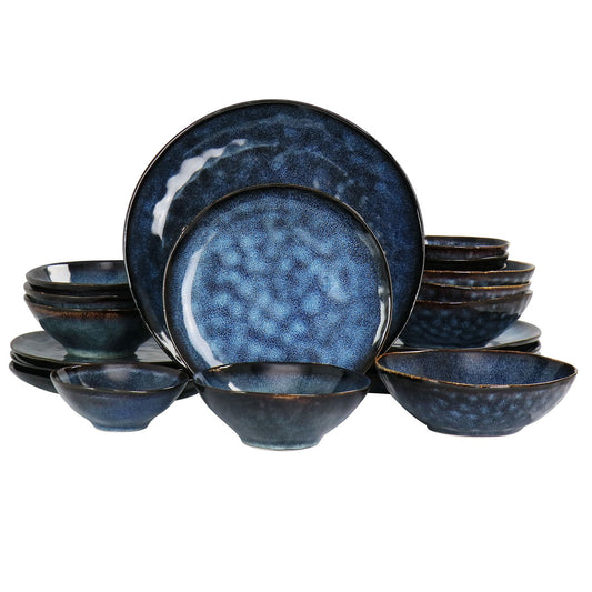 Elama Lucca 20 Piece Round Stoneware Triple Bowl Dinnerware Set in Reactive Glaze Blue-0