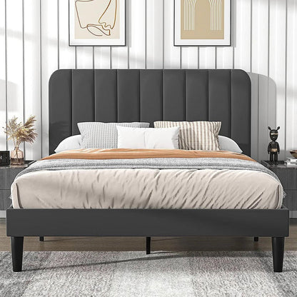 Full size Dark Grey Upholstered Platform Bed Frame with Headboard-0