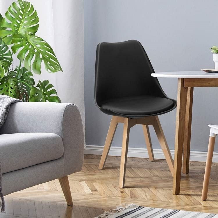 Set of 4 Modern Mid-Century Style Black PU Leather Dining Chairs with Wood Legs-1