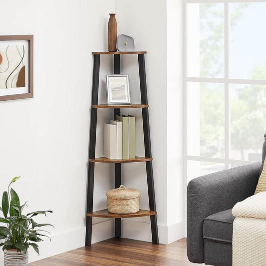Narrow 3-Shelf Corner Shelving Unit Plant Stand Bookcase in Brown Black Wood-1