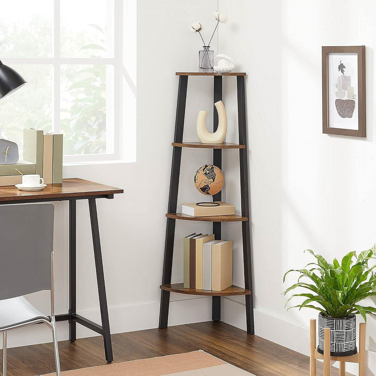 Narrow 3-Shelf Corner Shelving Unit Plant Stand Bookcase in Brown Black Wood-2