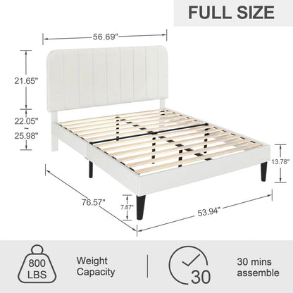 Full size White Upholstered Platform Bed Frame with Headboard-3