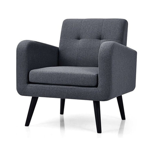 Mid-Century Modern Grey Linen Upholstered Accent Chair with Wooden Legs-2