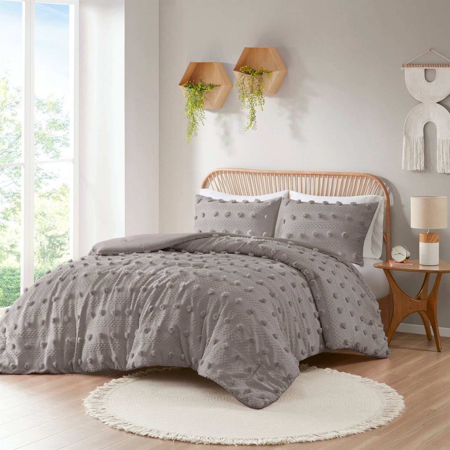 Full/Queen 3-Piece Grey Microfiber Comforter Set with Decorative Pompoms-1