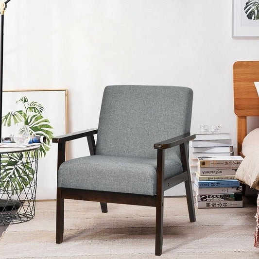 Retro Modern Classic Grey Linen Wide Accent Chair with Espresso Wood Frame-0