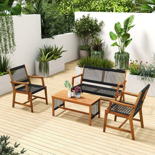 4 Pieces Acacia Wood Patio Conversation Table and Chair Set with Hand Woven Rope-0