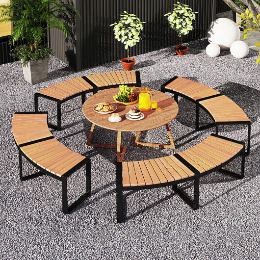 Patio Curved Bench with Slatted Seat and Metal Legs-1 Piece-6